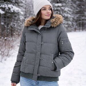 DKNY Down Puffer Jacket with Faux-Fur Hood, Donna Karen New York – Gray, Size M